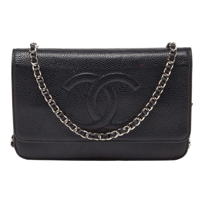 chanel black quilted caviar leather classic wallet on chain 5242