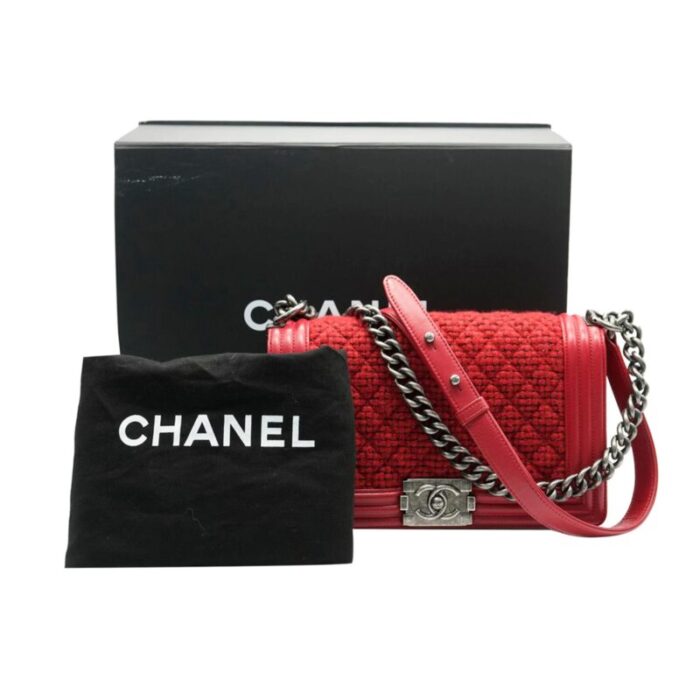 chanel red quilted tweed lambskin old medium boy bag 6877