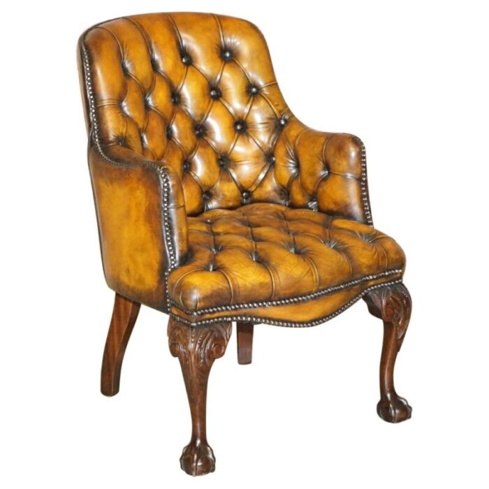 chesterfield brown leather armchair with claw ball feet 1