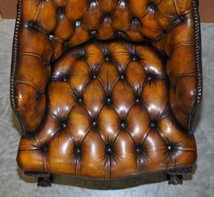 chesterfield brown leather armchair with claw ball feet 5