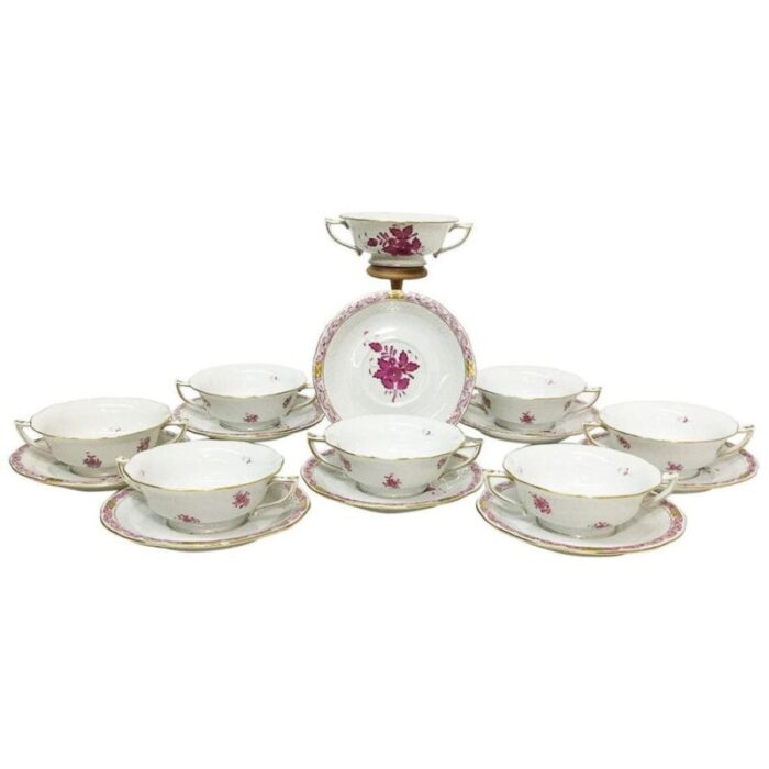 chinese bouquet raspberry porcelain cream soup cups and stands from herend set of 16 1