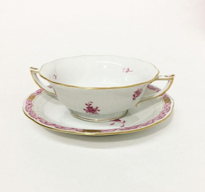 chinese bouquet raspberry porcelain cream soup cups and stands from herend set of 16 4