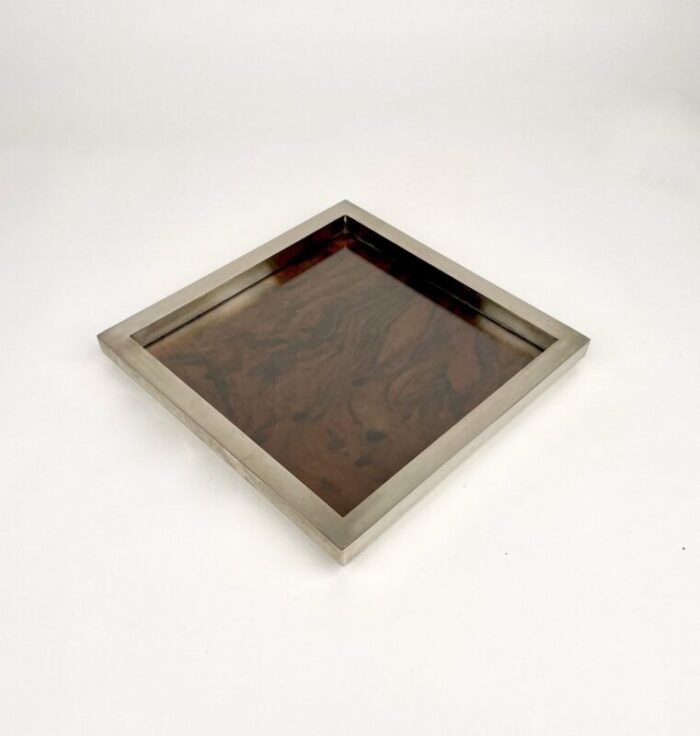 chrome wood glass squared pocket emptier centerpiece by christian dior italy 1970s 4