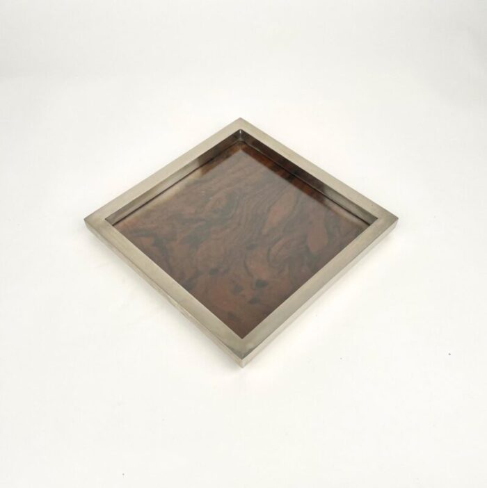 chrome wood glass squared pocket emptier centerpiece by christian dior italy 1970s 5