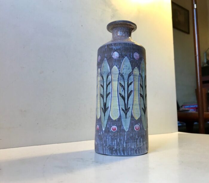 danish ceramic vase with glazed leaves by bj for green 1960s 2