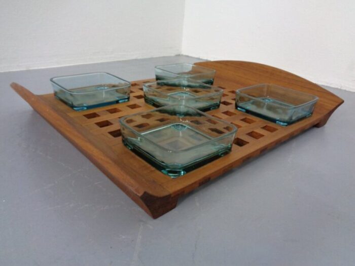 danish teak tray with glass bowls 1960s 10