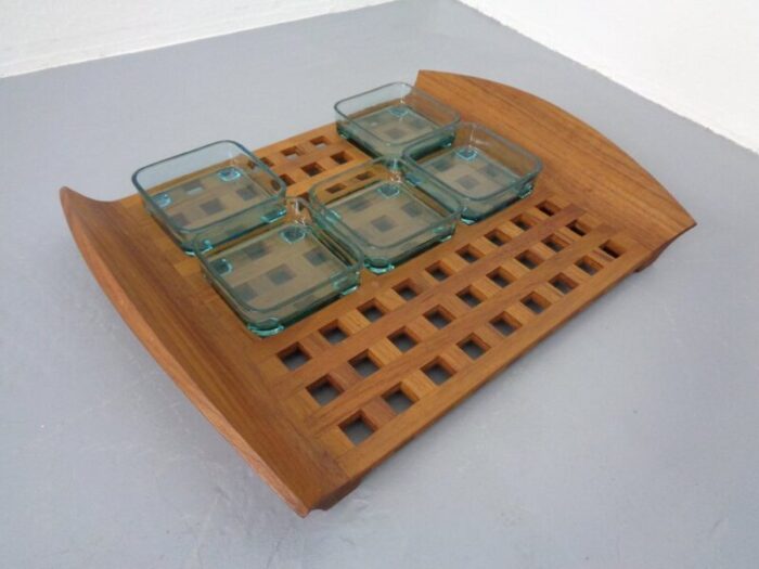 danish teak tray with glass bowls 1960s 11