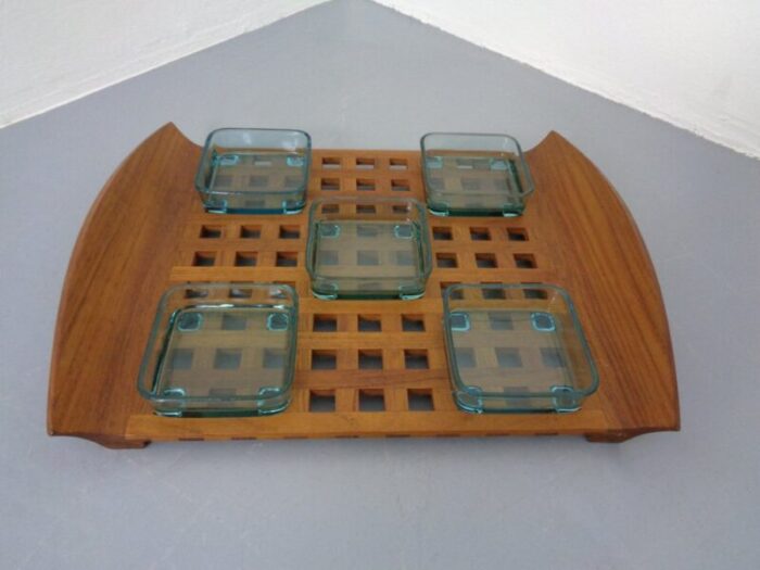 danish teak tray with glass bowls 1960s 2