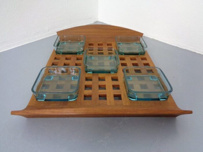 danish teak tray with glass bowls 1960s 3