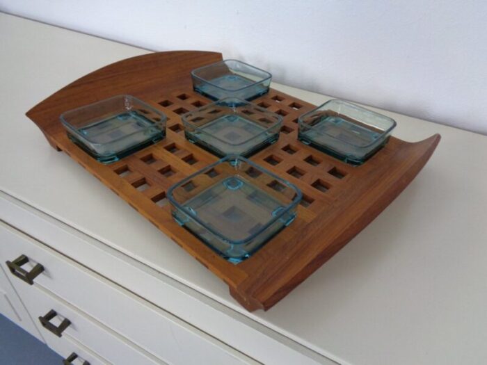 danish teak tray with glass bowls 1960s 4