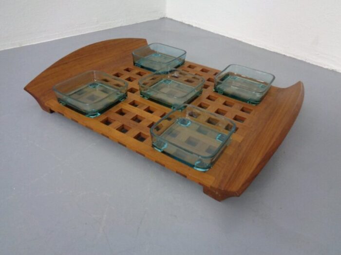 danish teak tray with glass bowls 1960s 5