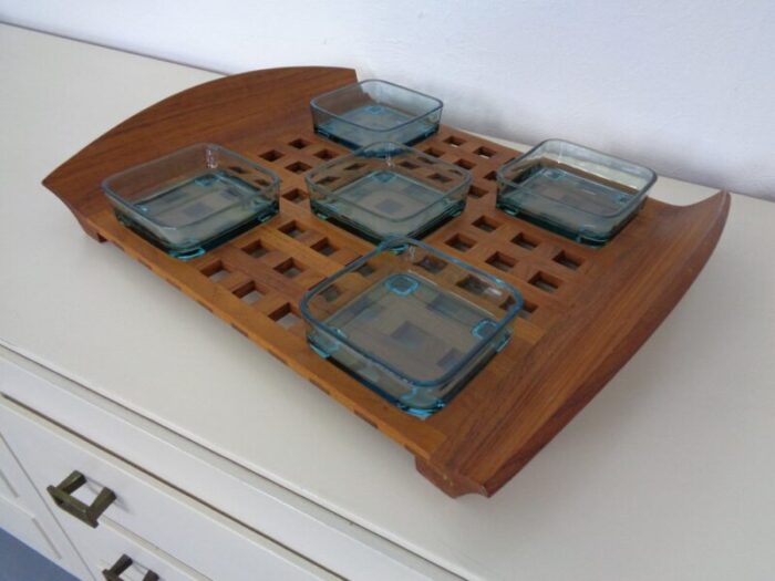 danish teak tray with glass bowls 1960s 6