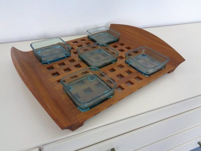 danish teak tray with glass bowls 1960s 7