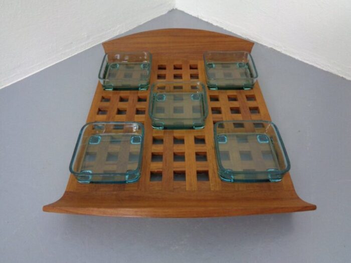 danish teak tray with glass bowls 1960s 8