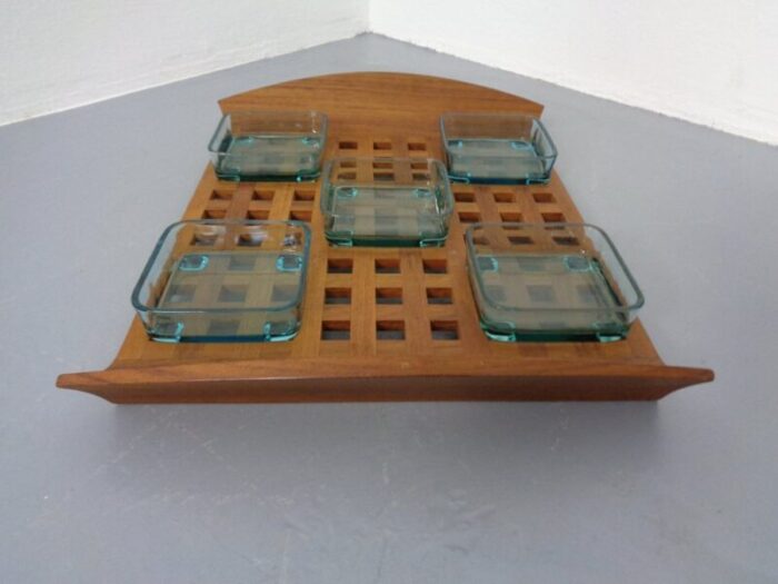 danish teak tray with glass bowls 1960s 9