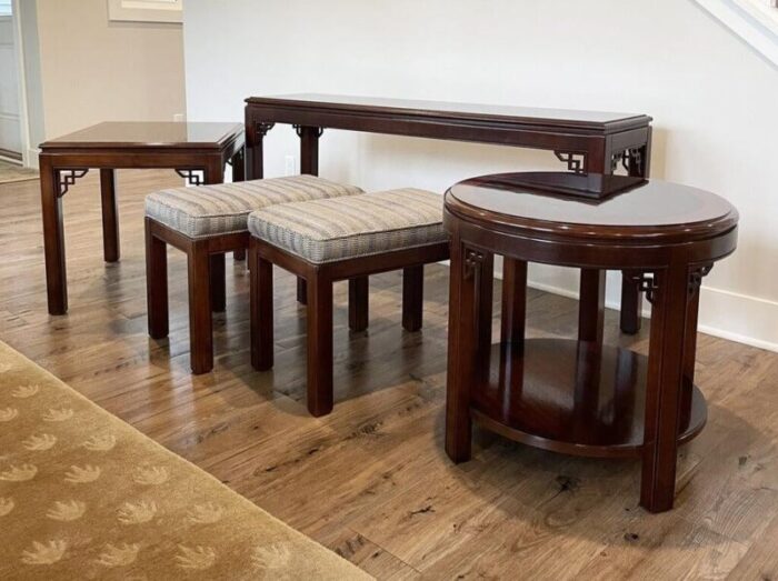 drexel chippendale style set of 3 accent tables and stools 5965