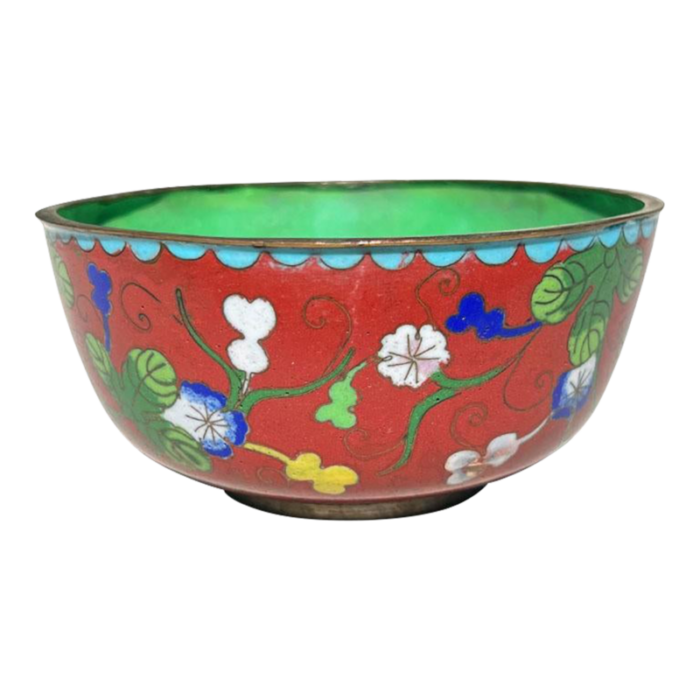 early 20th century chinoiserie cloisonne decorative floral motif bowl in red and green 5602