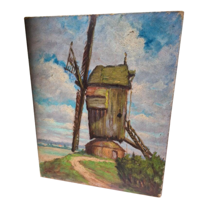 early 20th century impressionist barbizon school oil painting on board the windmill 9767