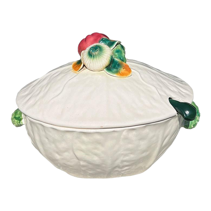 early 20th century italian cabbage ware soup tureen with vegetable motif lid and serving ladle 0913