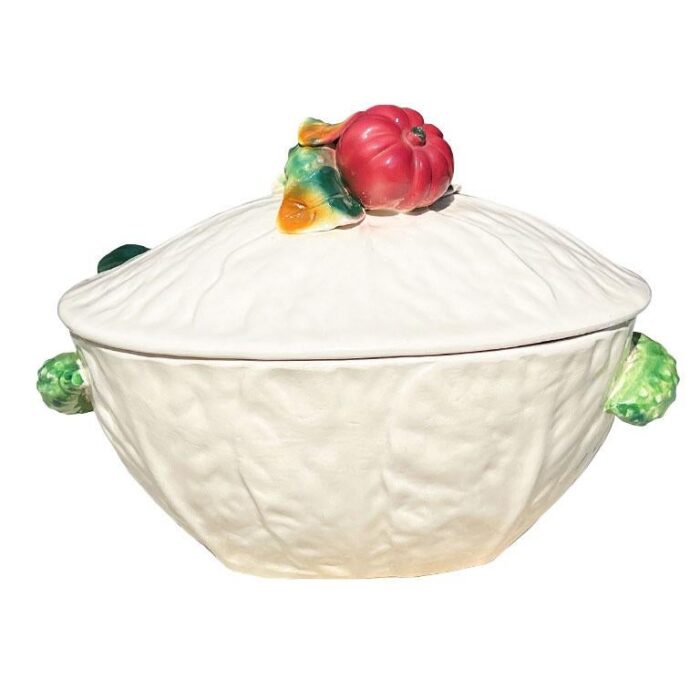 early 20th century italian cabbage ware soup tureen with vegetable motif lid and serving ladle 2771