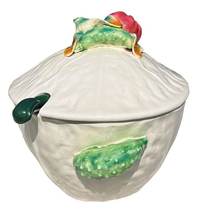 early 20th century italian cabbage ware soup tureen with vegetable motif lid and serving ladle 3300