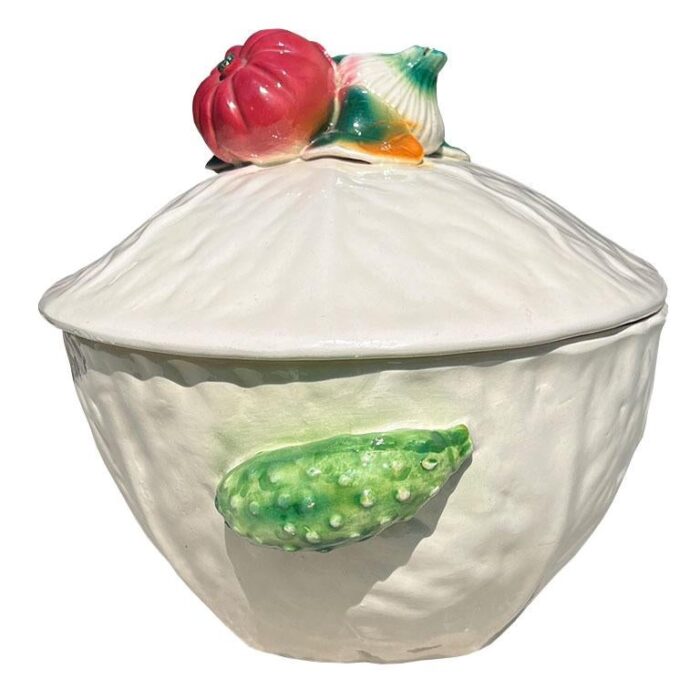 early 20th century italian cabbage ware soup tureen with vegetable motif lid and serving ladle 8644