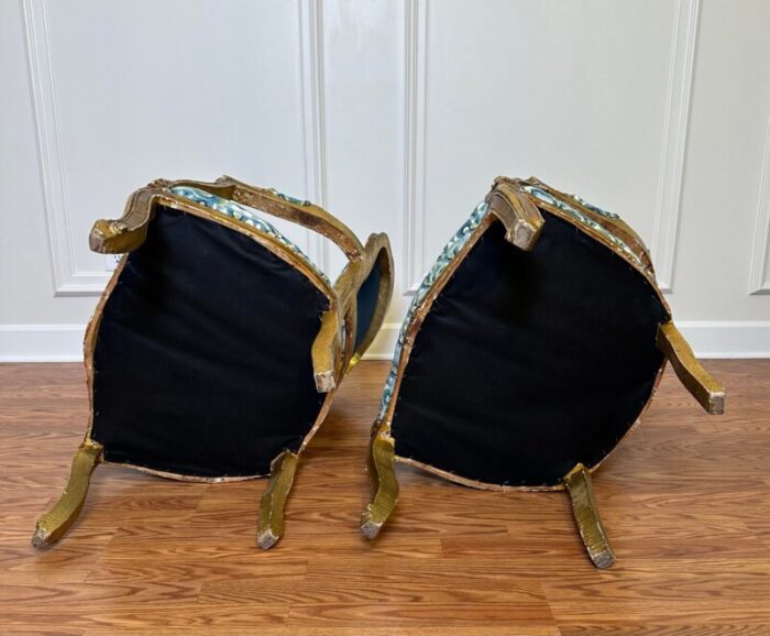 early 20th century louis xv fauteuil style gold gilt solid wood chairs teal green navy a pair 0423