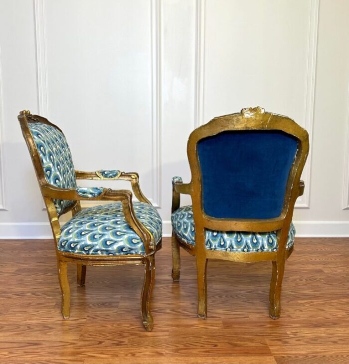 early 20th century louis xv fauteuil style gold gilt solid wood chairs teal green navy a pair 3155