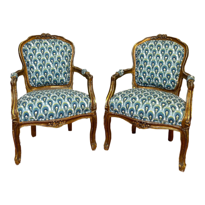 early 20th century louis xv fauteuil style gold gilt solid wood chairs teal green navy a pair 3939