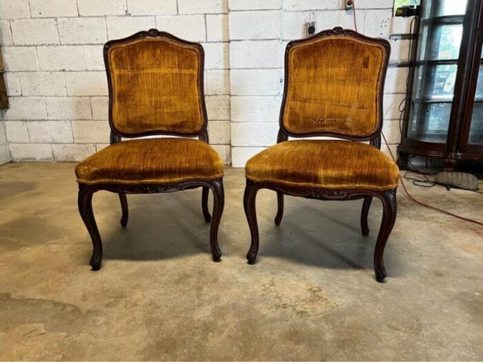 early 20th century pair of antique louis xv style velvet upholstered walnut side chairs 6778