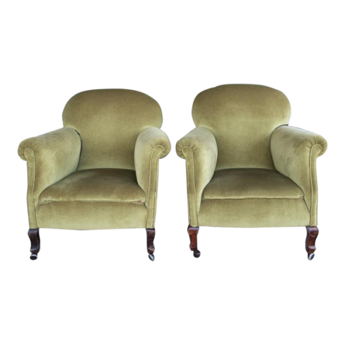 early 20th century pair of olive green upholstered velvet armchairs on rollers 5209