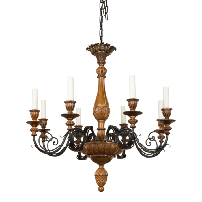 early 20th century spanish colonial iron and wood eight arm chandelier 7864