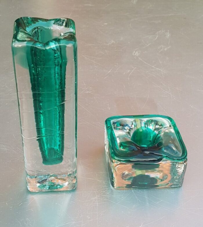 emerald green and clear glass block vase and candle holder 1970s set of 2 1