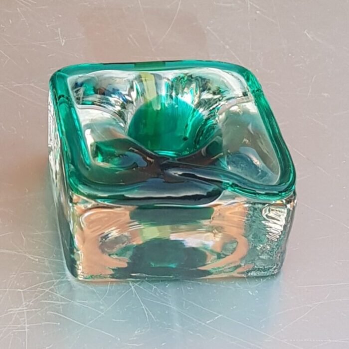 emerald green and clear glass block vase and candle holder 1970s set of 2 2