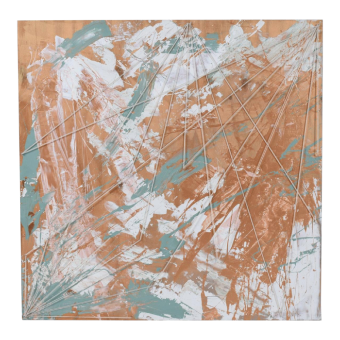 emily tan copper and sage green abstract expressionist painting with string 0205