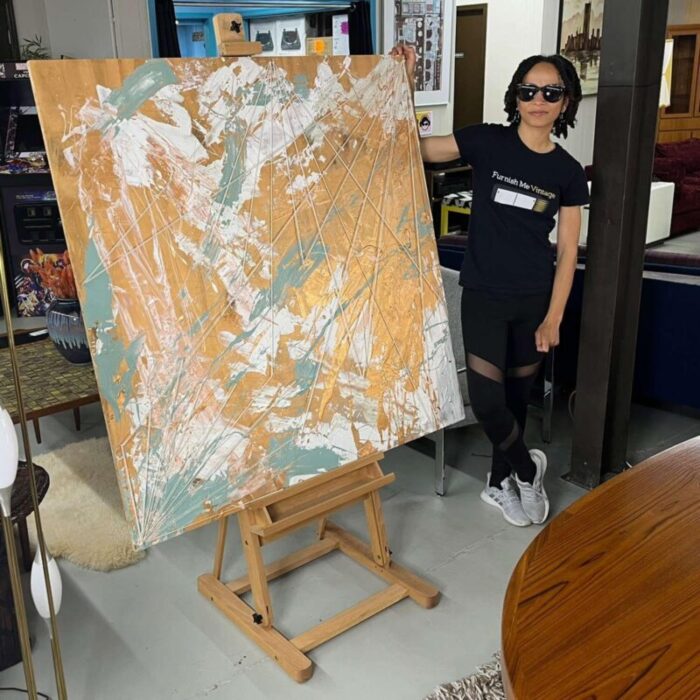 emily tan copper and sage green abstract expressionist painting with string 5581