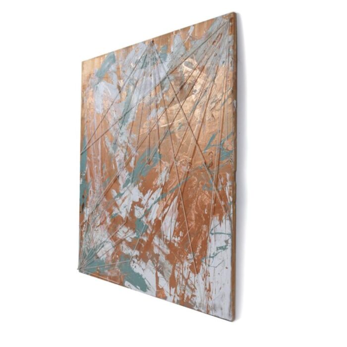 emily tan copper and sage green abstract expressionist painting with string 9128