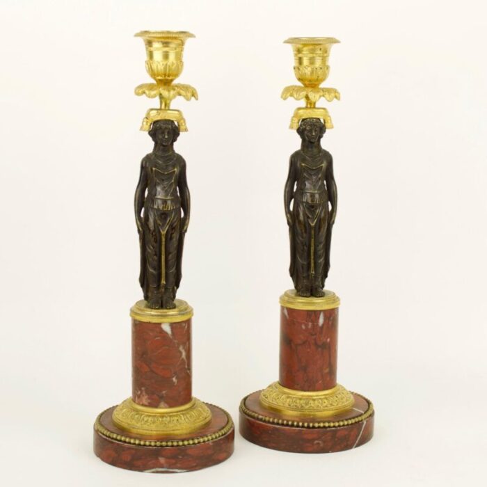 empire candleholders with vestal figures in the style of claude galle france early 1800s set of 2 3