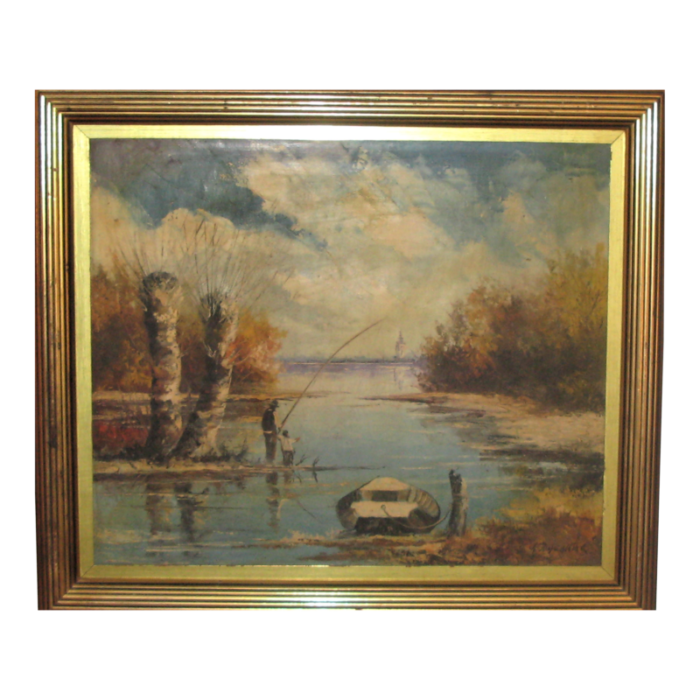 fisherman oil painting on canvas 1993 signed framed 7501