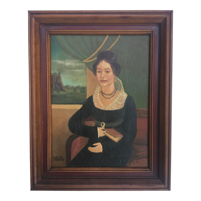 folk art portrait of a lady oil painting on wood panel mid 20th century framed 6926