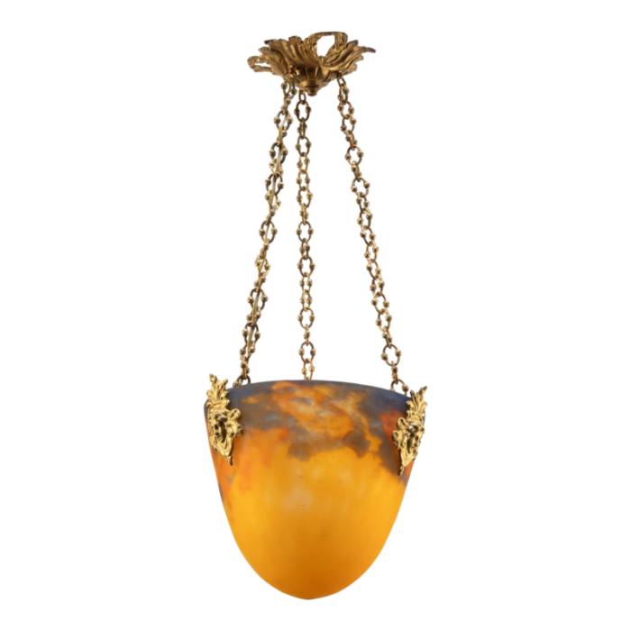 french art deco muller freres signed mottled glass and gilt bronze pendant light hanging lamp 4892