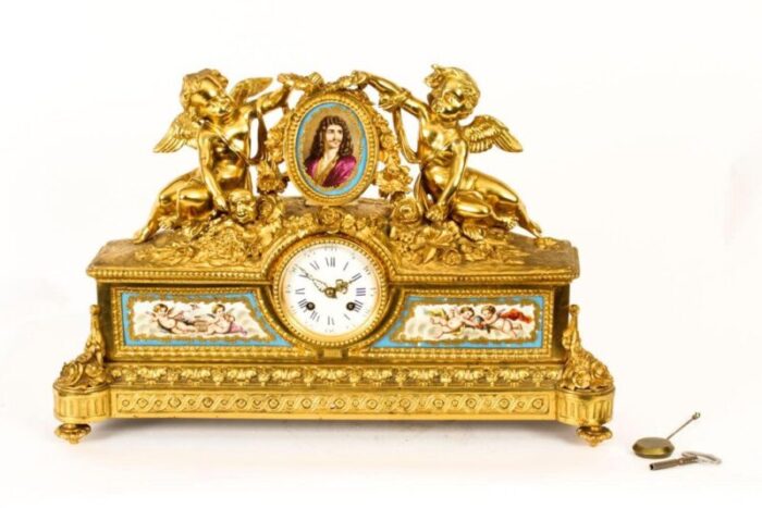 french gilt bronze clock with portrait plaque of moliere 19th century 13