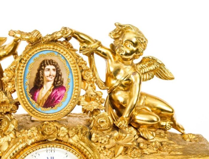 french gilt bronze clock with portrait plaque of moliere 19th century 4