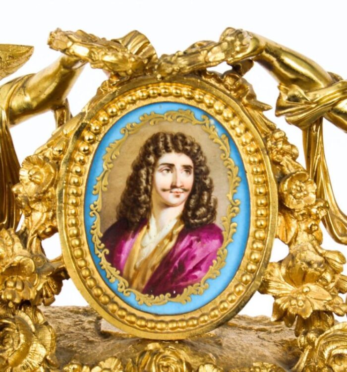 french gilt bronze clock with portrait plaque of moliere 19th century 5