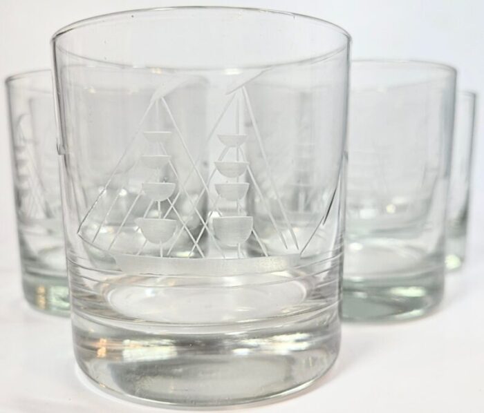 hand etched sailboat lowballs set of six 0075