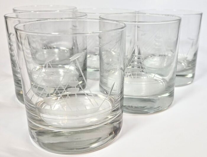 hand etched sailboat lowballs set of six 1041