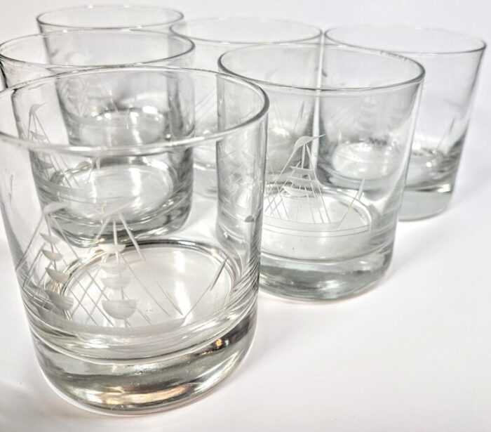 hand etched sailboat lowballs set of six 2488