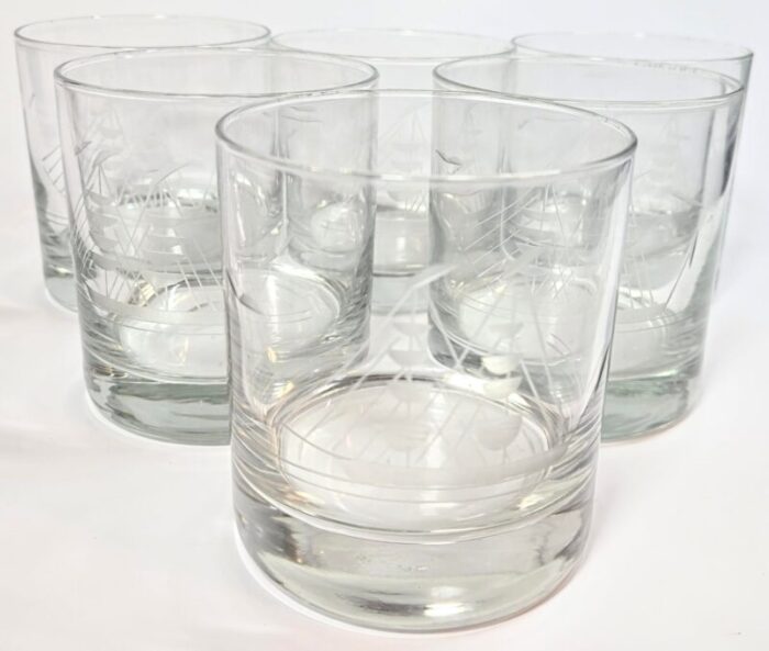 hand etched sailboat lowballs set of six 3517