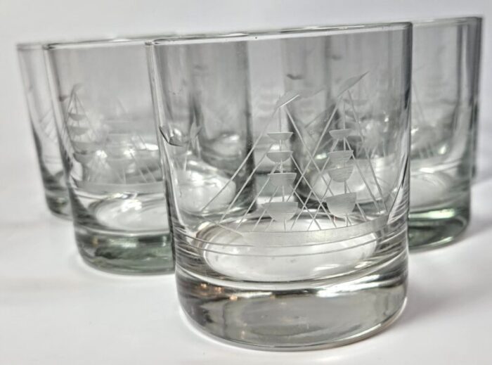 hand etched sailboat lowballs set of six 3579