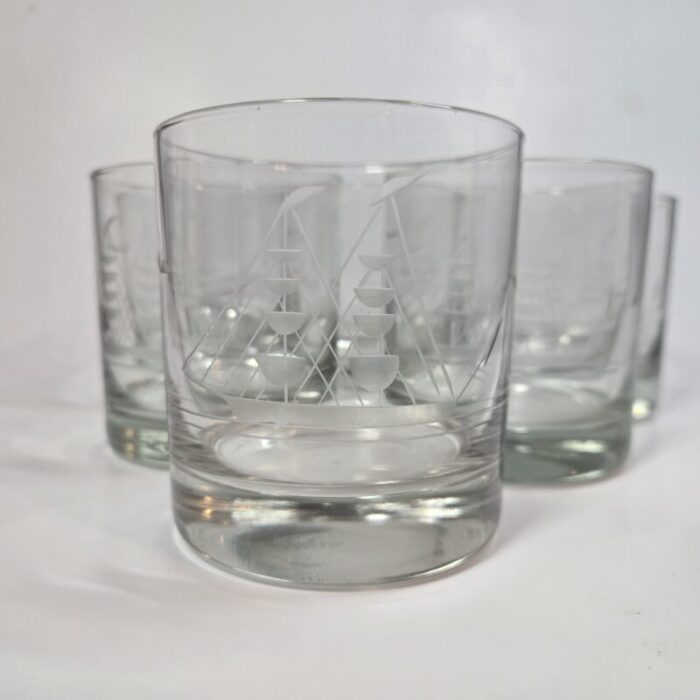 hand etched sailboat lowballs set of six 4532